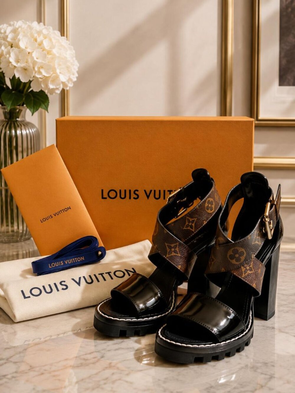 Authentic Louis Vuitton Monogram Platform Block Heel Sandals Leather